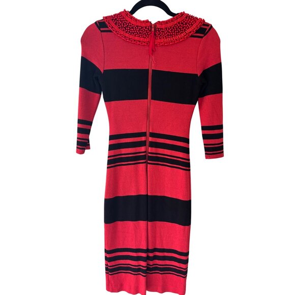 Tracy Reese Red Black Striped Runway Knit Dress With Beaded Neckline Detailed - Picture 5 of 15
